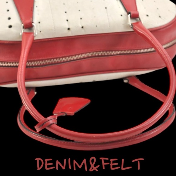 Prada Vintage White/ Red Leather 2000’s Bowling Bag/Perforated Vitello Bag |RARE - Picture 7 of 16